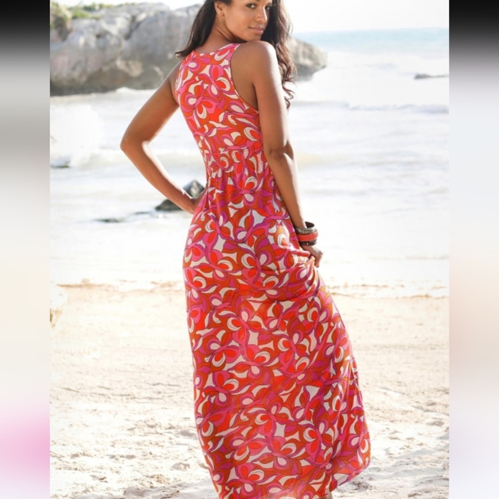 Venus Vibrant Pink Floral Jersey Knit Smocked Waist Maxi Dress Size 1X NWOT - Picture 3 of 8